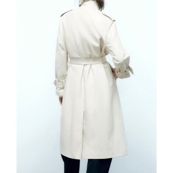 Zara Belted Faux Leather cream Trench Coat size medium oversize NWT  - Picture 3 of 16